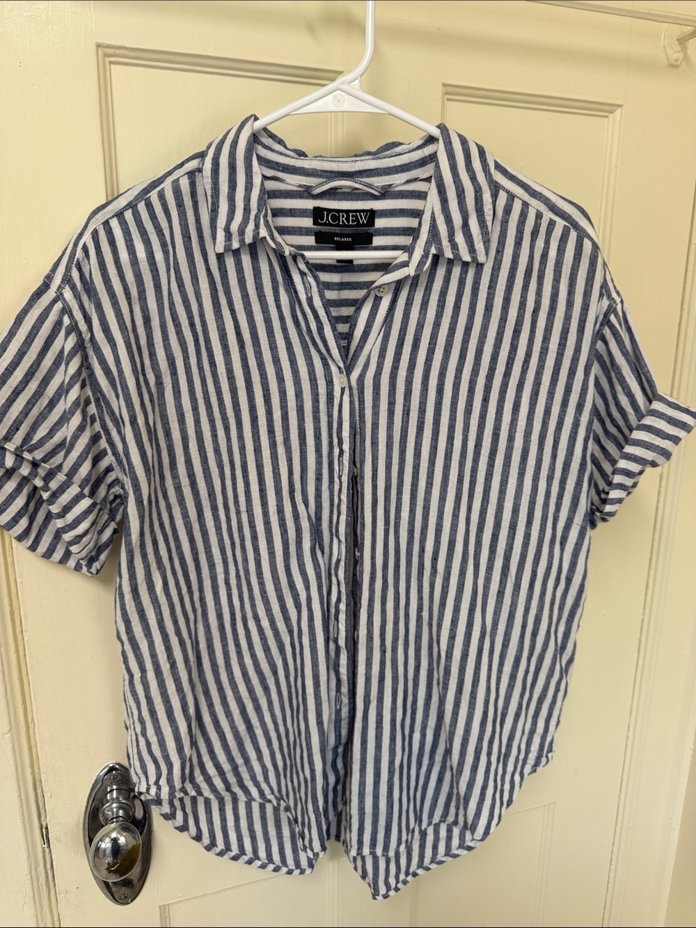 J. Crew Blue and White Vertical Stripe linen Button-Down Shirt